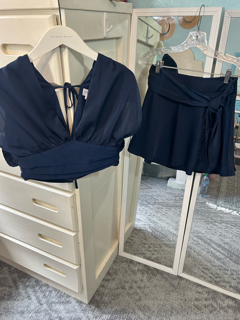 Le Lis Navy Satin Two-Piece Butterfly Flutter Blouse Top W Tie Waist Skirt Set